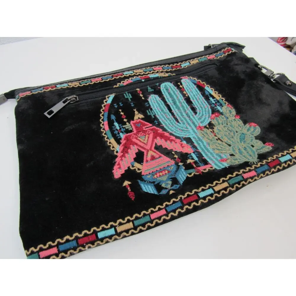 Savanna Jane Black Suede Embroidered Wristlet Clutch Bag Cactus Western